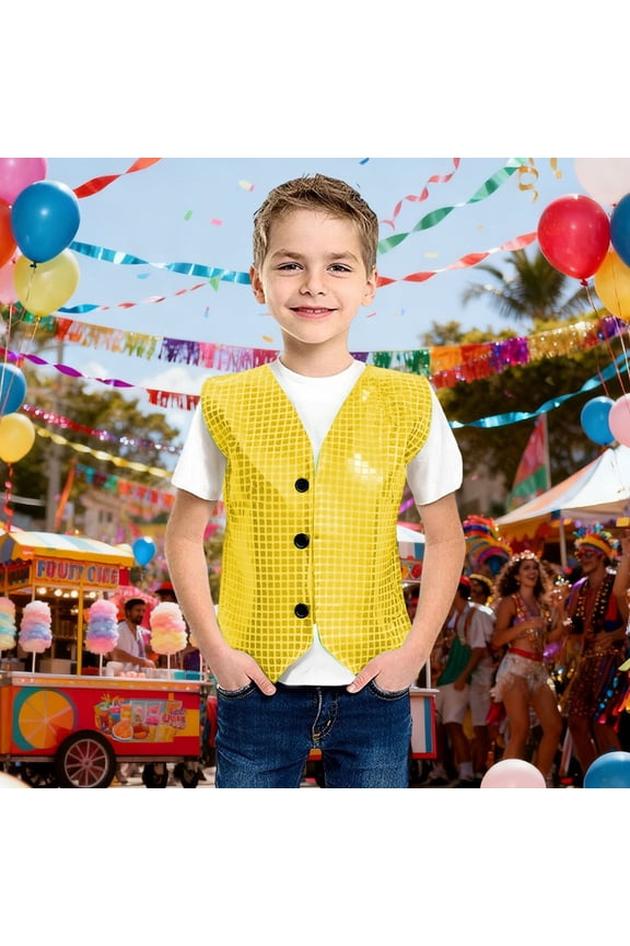 Carnival Themed Boys Vest Featuring Square Patchwork Sequin Applique for Stage Shows and Party Events