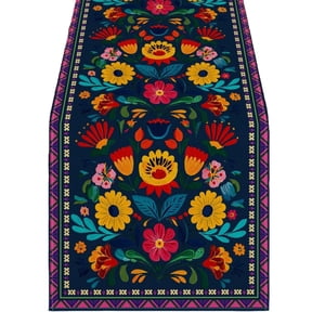 Carnival Themed Day of The Dead Table Runner 72 x 13", Vivid Sugar Skull Pattern, Soft Linen Altar Decor for Dining Table, Mantel and Home Party
