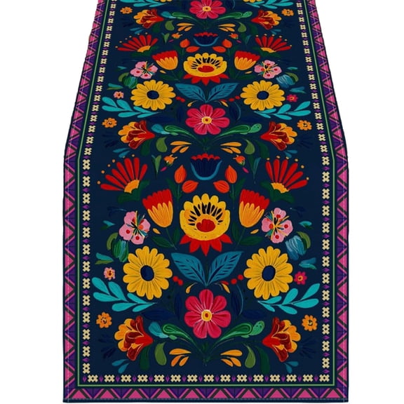 Carnival Themed Day of The Dead Table Runner 72 x 13", Vivid Sugar Skull Pattern, Soft Linen Altar Decor for Dining Table, Mantel and Home Party