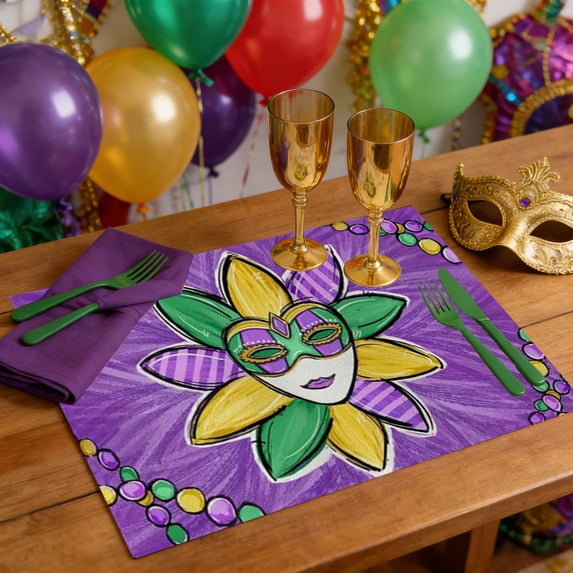 Carnival Themed Flax Placemat with Mask Design, Heat Resistant Dining ...
