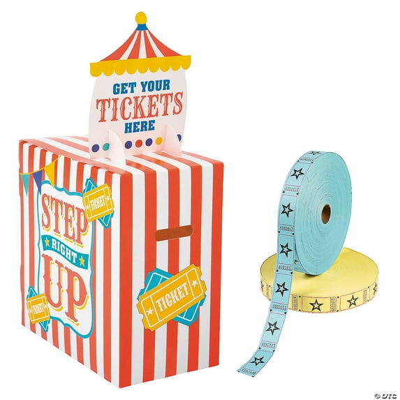 Carnival-Themed Ticket Dispenser with Yellow Star Tickets Kit - 3 Pieces
