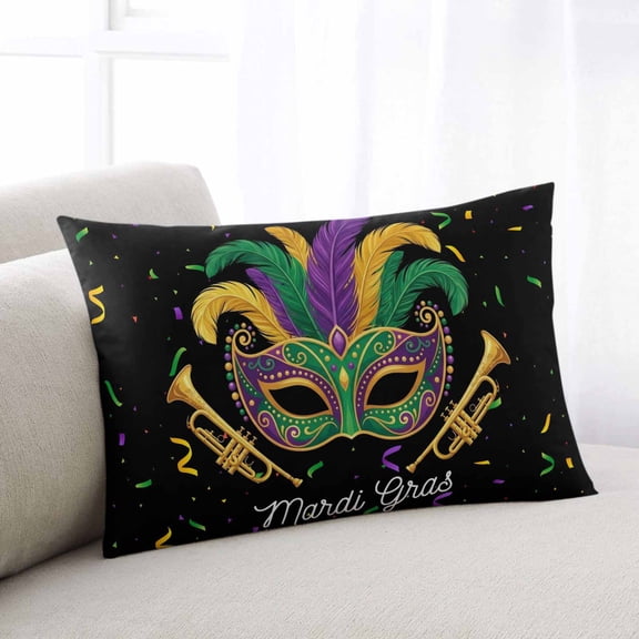 Carnival Throw Pillow Covers, Chic Purple Green Feathers Mask Ribbons Soft Breathable Pillow Cases with Invisible Zipper for Sleeping, Toddler Pillowcases for Couch Bed Sofa Chair 12x20 Inches