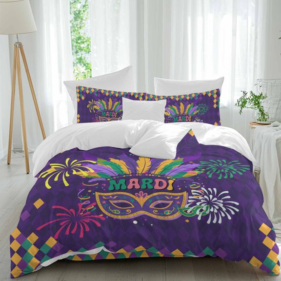Carnival Twin Size Comforter Set, Mask Feathers Firework Purple Yellow Blocks Bedding for All Seasons, 4 Pcs Bed Set, 1 Quiltcover (68"x86") ,1Sheet(67"x116"), 2Pillowcases (30"x20")