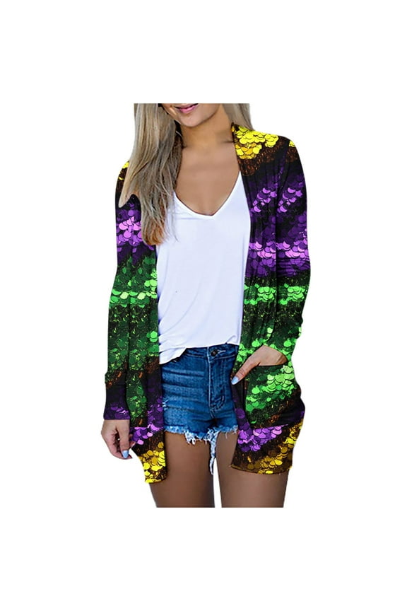 Carnival Women Sequins Jackets Long Sleeve Cardigan Tops Mid-Length Overcoat Trendy Colorblock Coats Loose Breathable Jacket with Pockets Casual Comfy Party Top Spring Lazy Costume