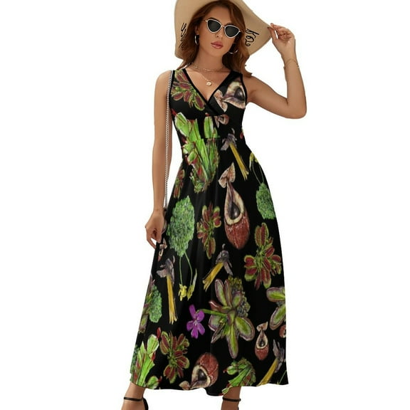 Carnivorous Plants Black Background Dress Summer Street Style Bohemia Long Dresses Female Sleeveless Printed Maxi Dress