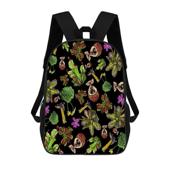 Carnivorous Plants Black Background Large Capacity Backpacks For Teenagers Travel Bags Casual 17In Backpack