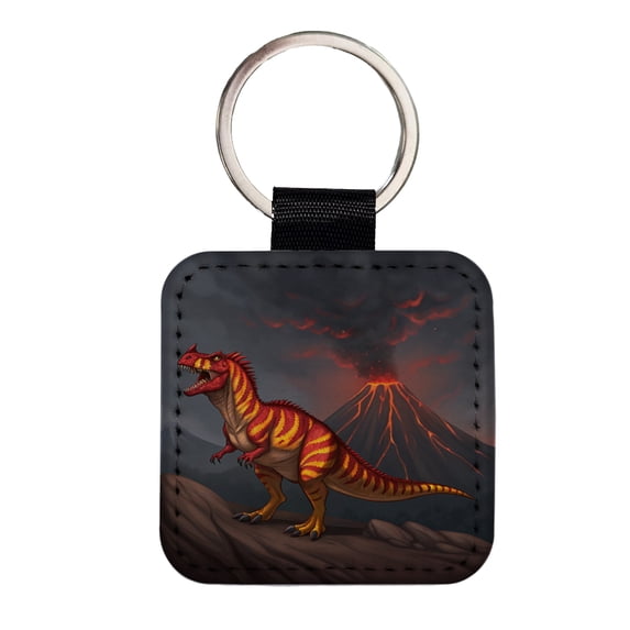Carnotaurus Volcano Erupting Dinosaur Faux Leather Square Keychain