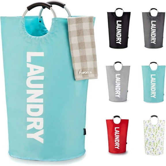 Caroeas 100L Laundry Basket ,Large Laundry Hamper, Laundry Bag with Padded Handles, Clothes Hamper Stands Up Well, Collapsible Free Standing Easy Storage Washing Bin (Light Blue)