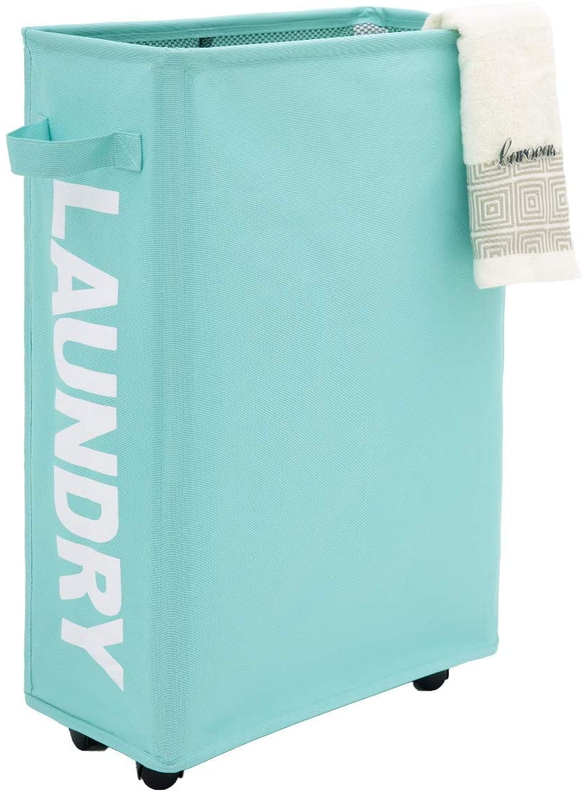 Caroeas 22" Rolling Slim Laundry Basket with Stand Foldable Waterproof Sorter and Organizer on Wheels Tall Thin Dirty Laundry Hamper Basket Home Cotton Corner Bin