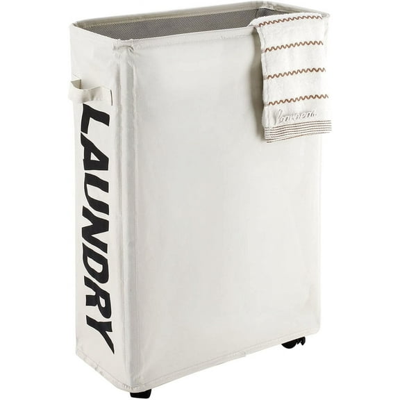 Caroeas 22" Rolling Slim Laundry Basket with Stand Foldable Waterproof Cover, Laundry Hamper on Wheels Tall Thin Dirty Cotton Corner Bin for Home