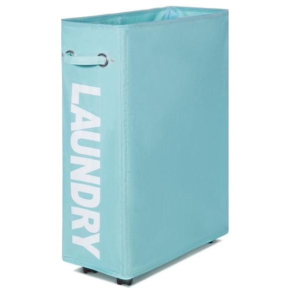 Caroeas 26'' Rolling Slim Laundry Basket with Wheels, Collapsible Laundry Hamper on Wheels Tall Thin Narrow Foldable Storage Bins for Corner, Light Blue