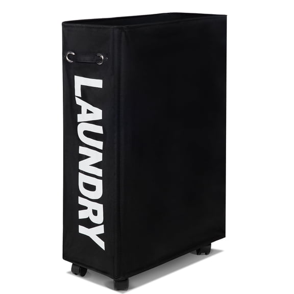 Caroeas 26'' Rolling Slim Laundry Basket with Wheels, Collapsible Laundry Hamper on Wheels Tall Thin Narrow Foldable Storage Bins for Corner, Black