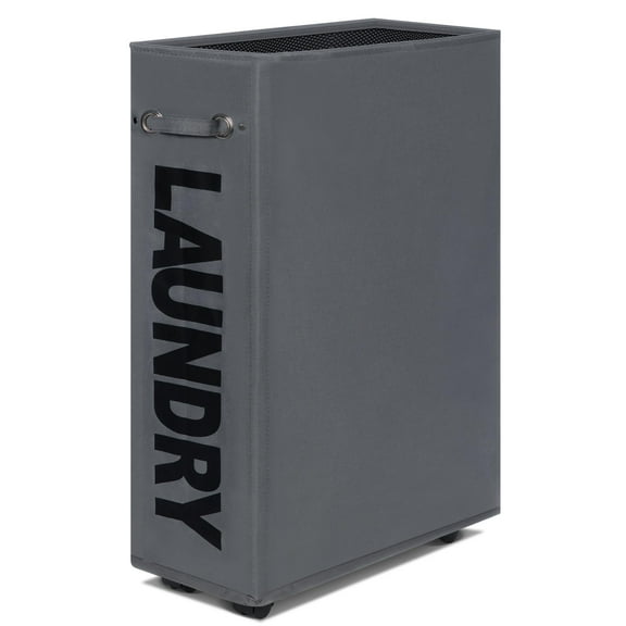 Caroeas 26'' Rolling Slim Laundry Basket with Wheels, Collapsible Laundry Hamper on Wheels Tall Thin Narrow Foldable Storage Bins for Corner, Gray