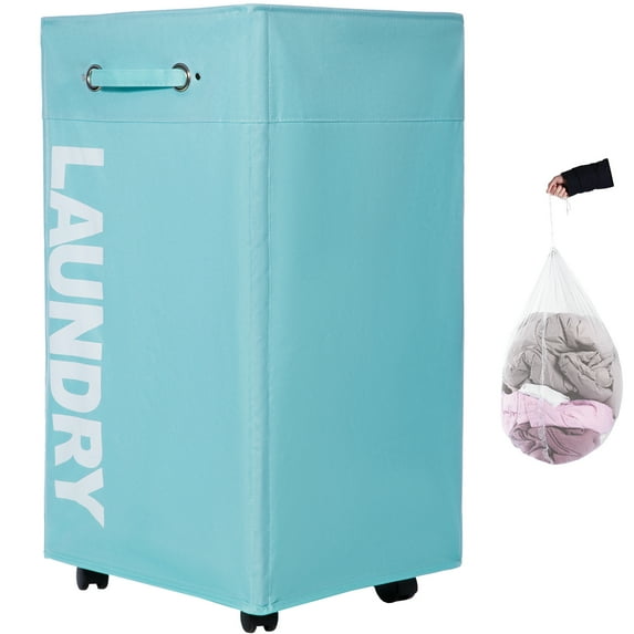 Caroeas 30'' Pro+ Extra Large Rolling Laundry Basket with wheels, Collapsible Laundry Hamper on Wheels Tall Thin Narrow Foldable Storage Bins for Corner, Light Blue