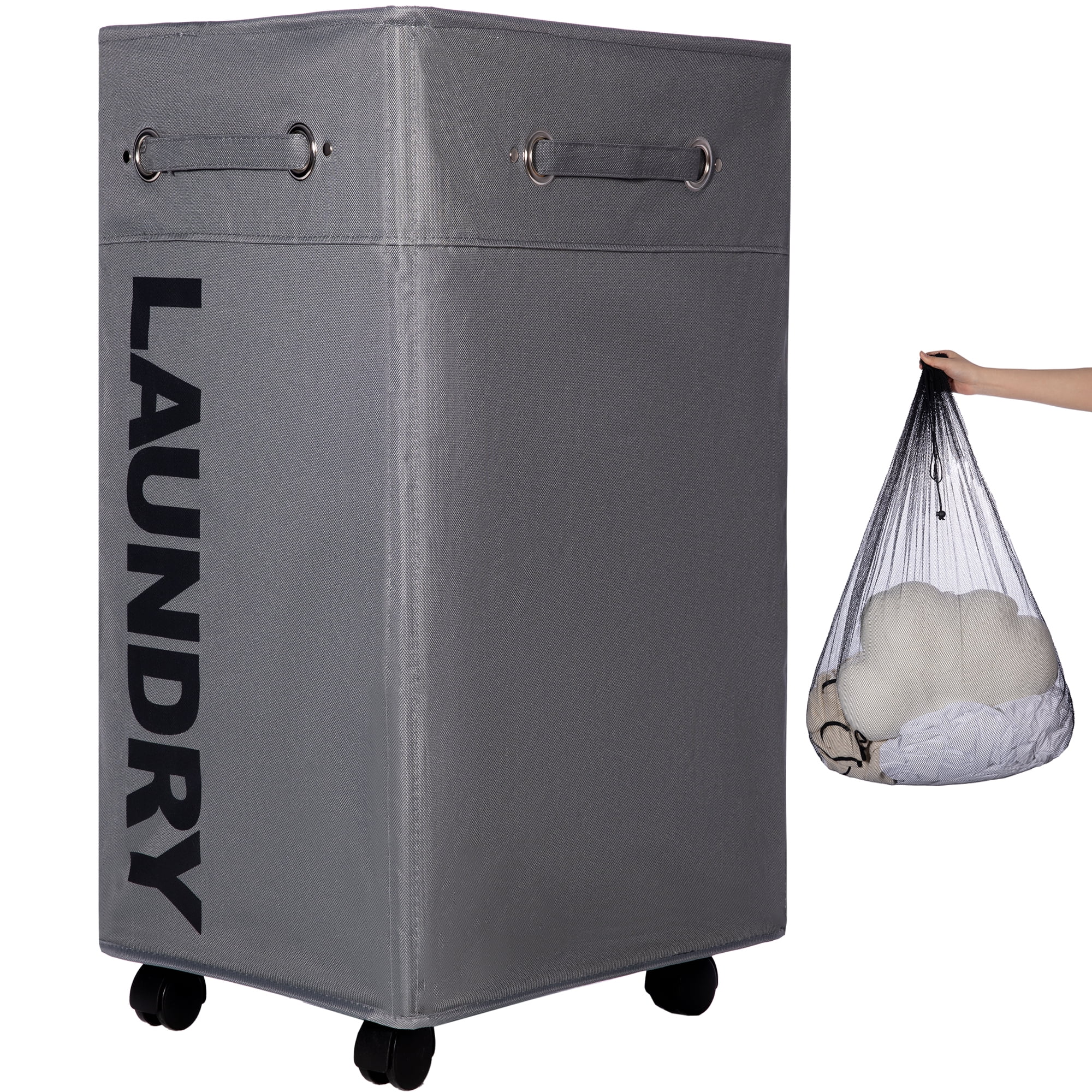 Caroeas 30'' Pro+ Extra Large Rolling Laundry Basket with wheels, Collapsible Laundry Hamper on Wheels Tall Thin Narrow Foldable Storage Bins for Corner, Gray