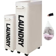 Caroeas 30 Rolling Slim Laundry Basket with wheels, Collapsible Laundry Hamper on Wheels Tall Thin Narrow Foldable Storage Bins for Corner, Beige