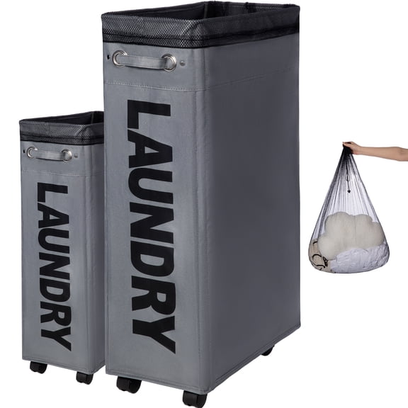 Caroeas 30'' Rolling Slim Laundry Basket with wheels, Collapsible Laundry Hamper on Wheels Tall Thin Narrow Foldable Storage Bins for Corner, Gray