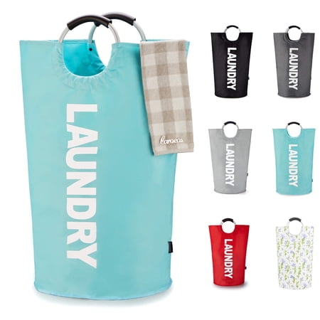 Caroeas 90L Lite Laundry Basket, Fabric tall Laundry Hamper, Foldable Laundry Bag with Aluminum Handle, X-large, Light Blue