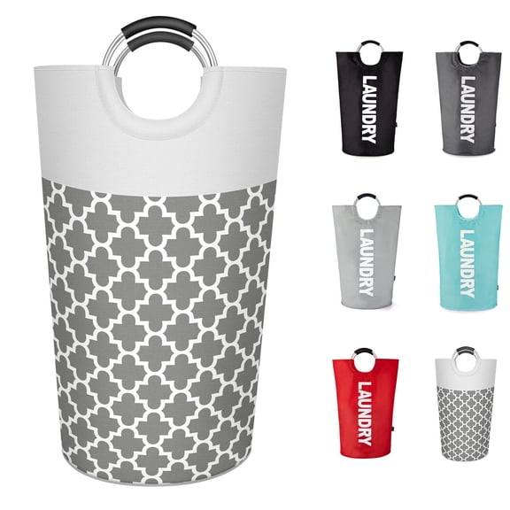 Caroeas 90L Lite Laundry Basket, Fabric tall Laundry Hamper, Foldable Laundry Bag with Aluminum Handle, X-large, Light Grey Clover