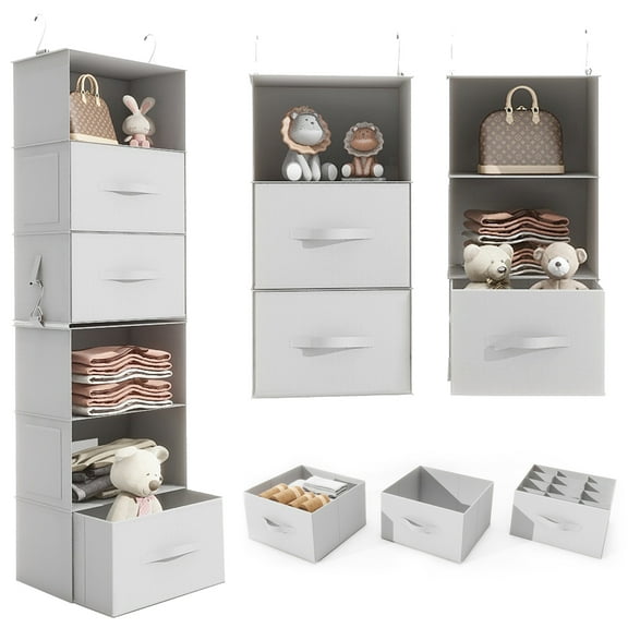 Caroeas Hanging Closet Organizer, 6-Shelf Hanging Shelves with 3 Removable Drawers and 4 Side Pockets, Hanging Shelf Organizer for Wardrobe, Bedroom and Travel, Light Gray