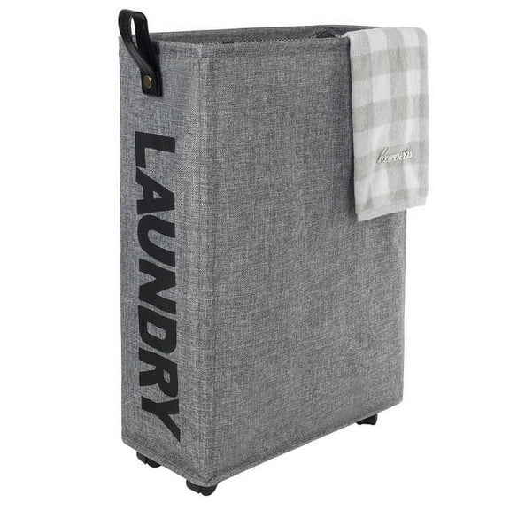 Caroeas Large Slim Laundry Baskets 45L Tall with Leather Handle, Laundry Basket on Wheels , Collapsible Laundry Hamper, Rolling Hamper Dorm Baskets