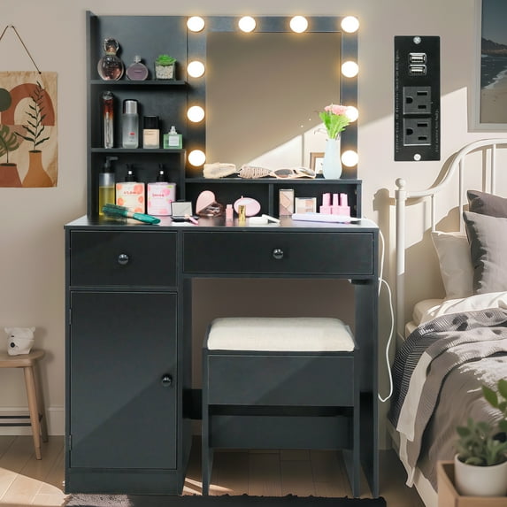 Caroeas Vanity Mirror with Lights and Table Set with 2 Drawers and 1 Cabinet, Vanity Set 3 Lighting Modes Brightness Adjustable for Bedroom Studio