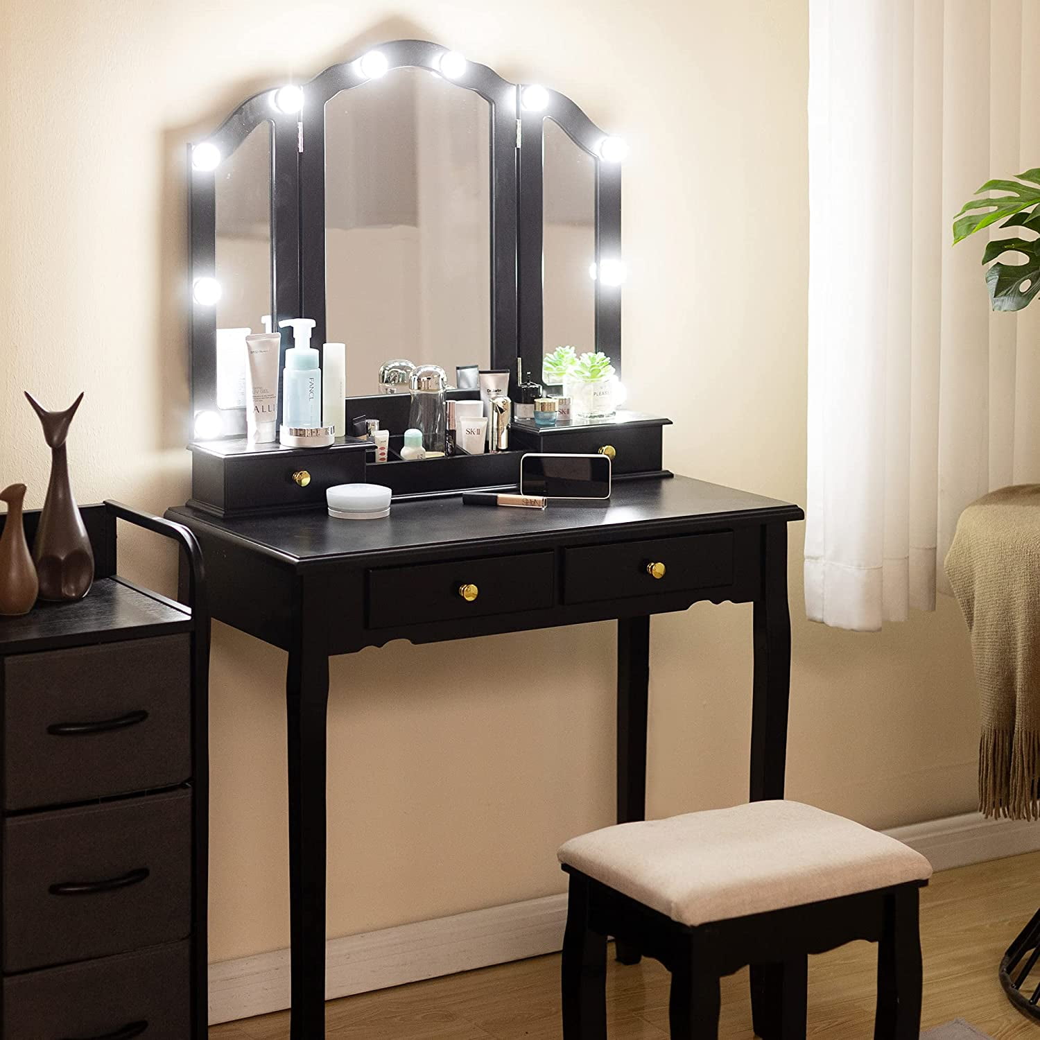 Caroeas Vanity Tri Fold Makeup Vanity with Mirror Lights and Padded Vanity Stool Vintage Solid Wooden Vanity Set for Bedroom 5 Drawers 2 Brush