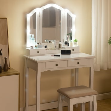 Caroeas Vanity , Tri-Fold Makeup Vanity with Mirror, Lights and Padded Vanity Stool, Bedroom Solid Wooden Vanity Set, 5 Drawers, 2 Brush Slots and 2 Open Compartments, White Finish