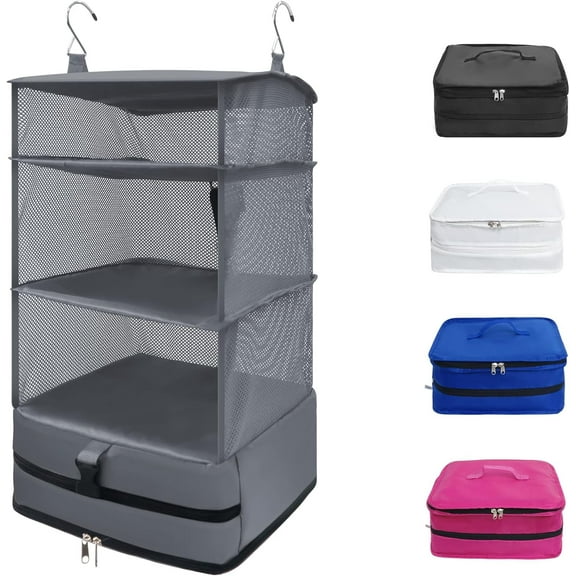 Caroeas X-Large Portable Hanging Travel Shelves, Packing Cube Organizer, Luggage Organizer with Zippered Compartment, Carry on Closet Packing Bag Storage for Suitcase, Gray