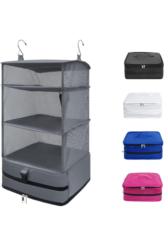 X-Large Portable Hanging Travel Shelves, Packing Cube Organizer, Luggage Organizer with Zippered Compartment, Carry on Closet Packing Bag Storage for Suitcase, Gray