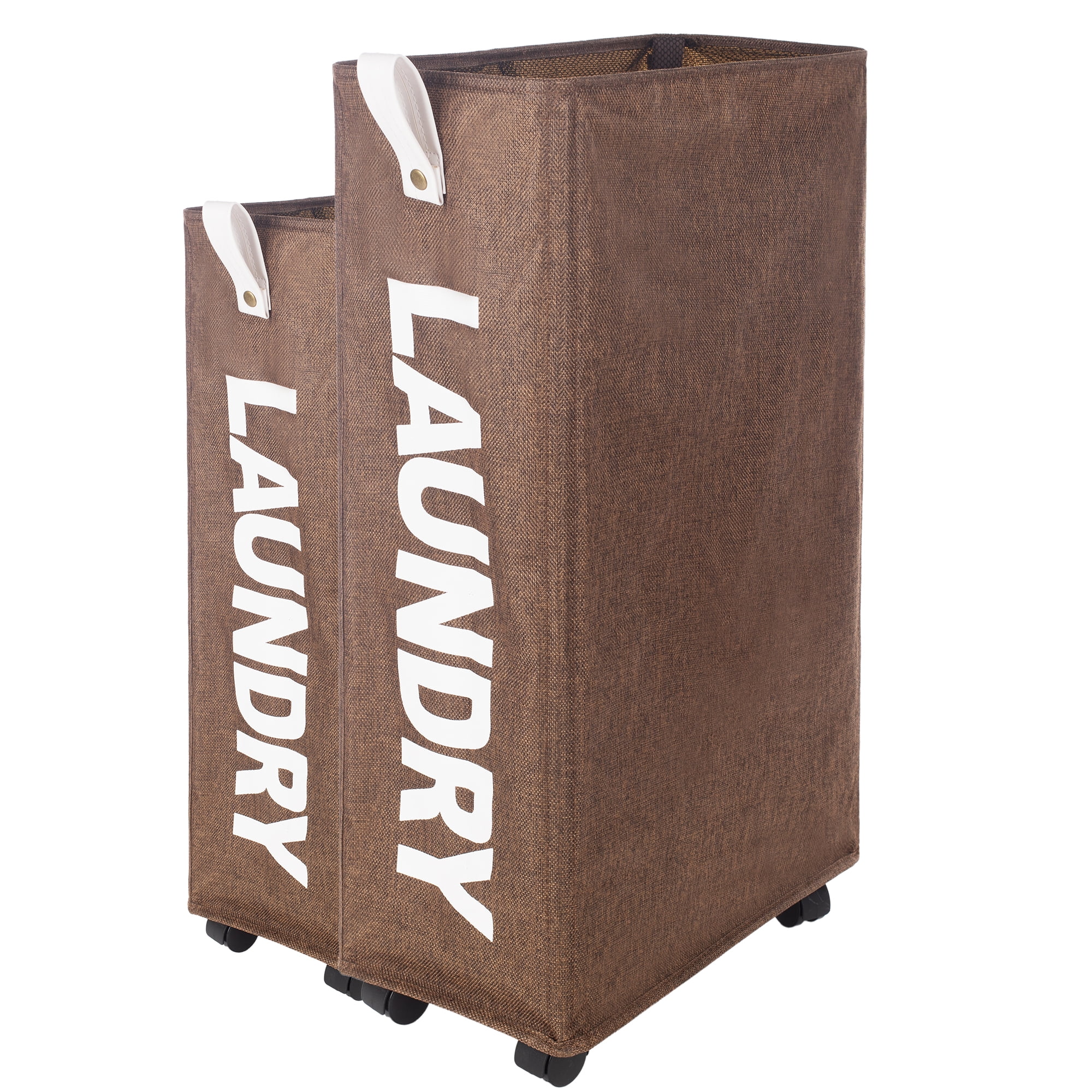 Caroeas X-Large Slim Laundry Baskets 27" Tall with Leather Handle, Laundry Basket on Wheels , Collapsible Laundry Hamper, Rolling Hamper Dorm Baskets (Brown Linen)