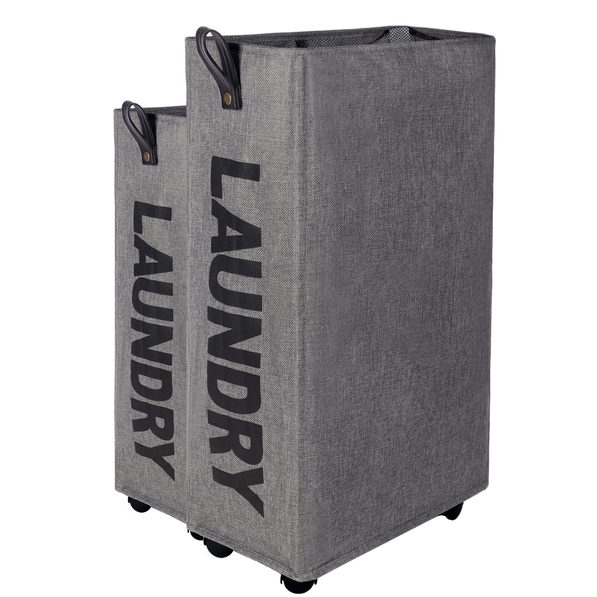 Caroeas X-Large Slim Laundry Baskets 27" Tall with Leather Handle, Laundry Basket on Wheels , Collapsible Laundry Hamper, Rolling Hamper Dorm Baskets (Grey Linen)