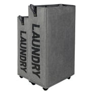 Caroeas X-Large Slim Laundry Baskets 27" Tall with Leather Handle, Laundry Basket on Wheels , Collapsible Laundry Hamper, Rolling Hamper Dorm Baskets (Grey Linen)