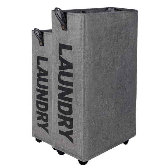 Caroeas X-Large Slim Laundry Baskets 27" Tall with Leather Handle, Laundry Basket on Wheels , Collapsible Laundry Hamper, Rolling Hamper Dorm Baskets (Grey Linen)