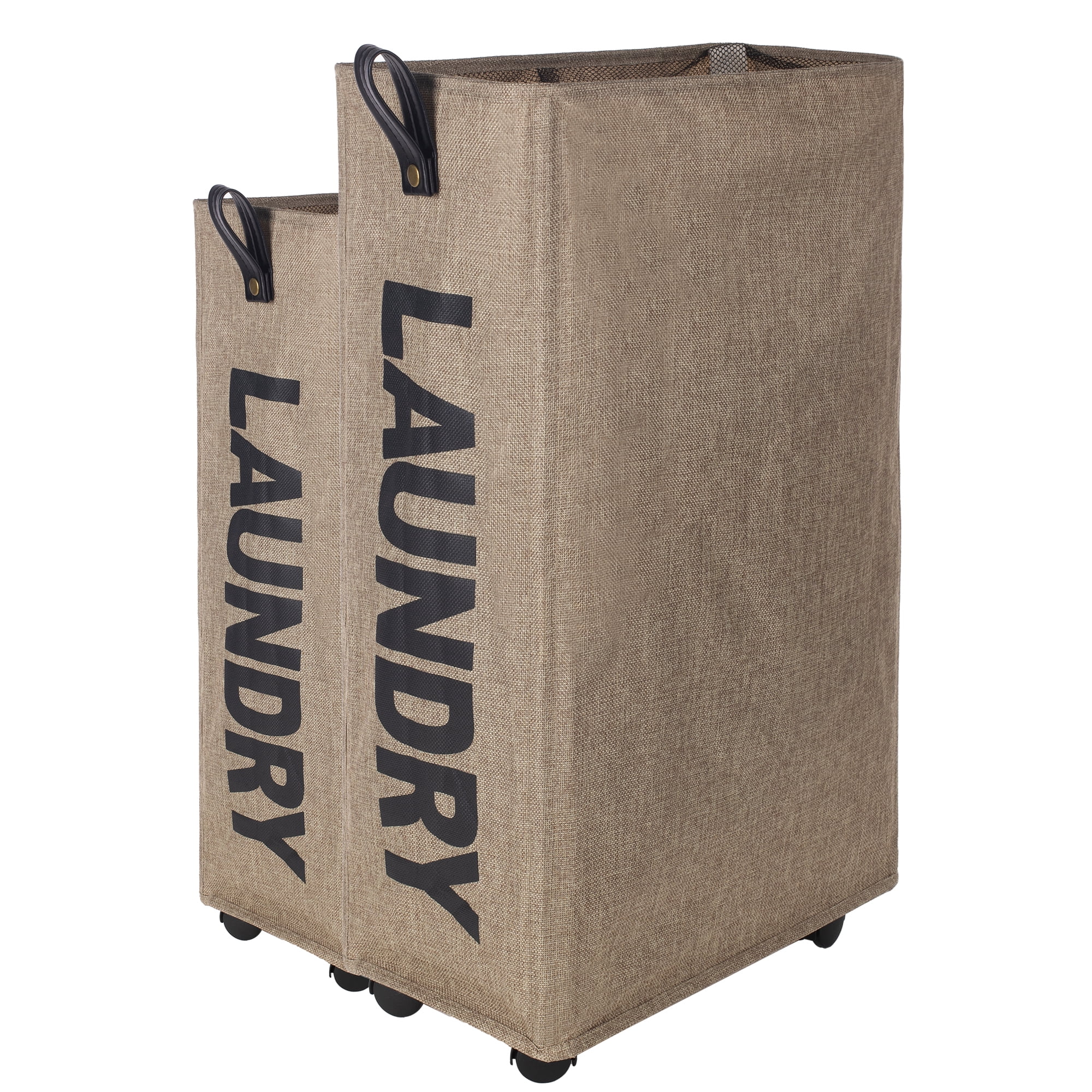 Caroeas X-Large Slim Laundry Baskets 27" Tall with Leather Handle, Laundry Basket on Wheels , Collapsible Laundry Hamper, Rolling Hamper Dorm Baskets (Khaki Linen)