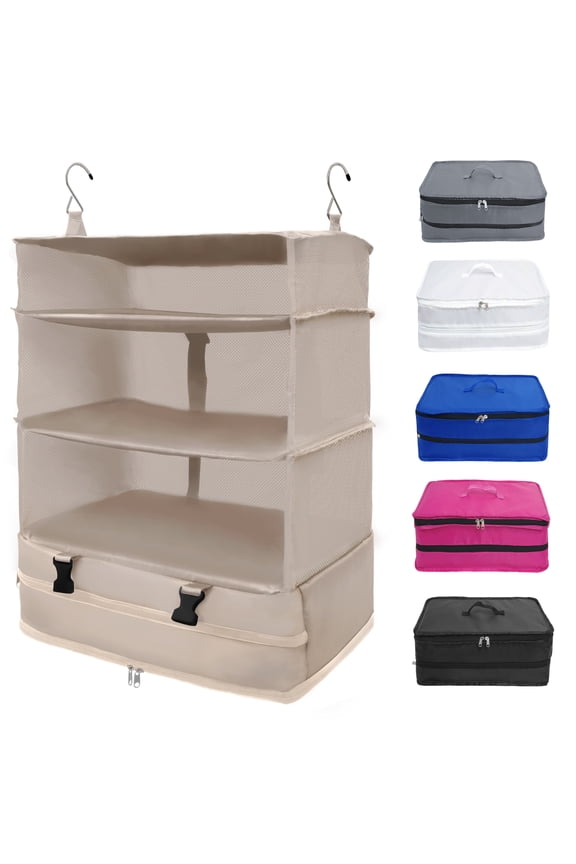 XX-Large Portable Hanging Travel Shelves, Packing Cube Organizer, Luggage Organizer with Zippered Compartment, Carry on Closet Packing Bag Storage for Suitcase, Beige
