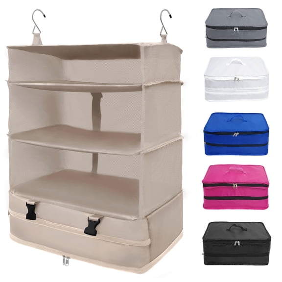 Caroeas XX-Large Portable Hanging Travel Shelves, Packing Cube Organizer, Luggage Organizer with Zippered Compartment, Carry on Closet Packing Bag Storage for Suitcase, Beige