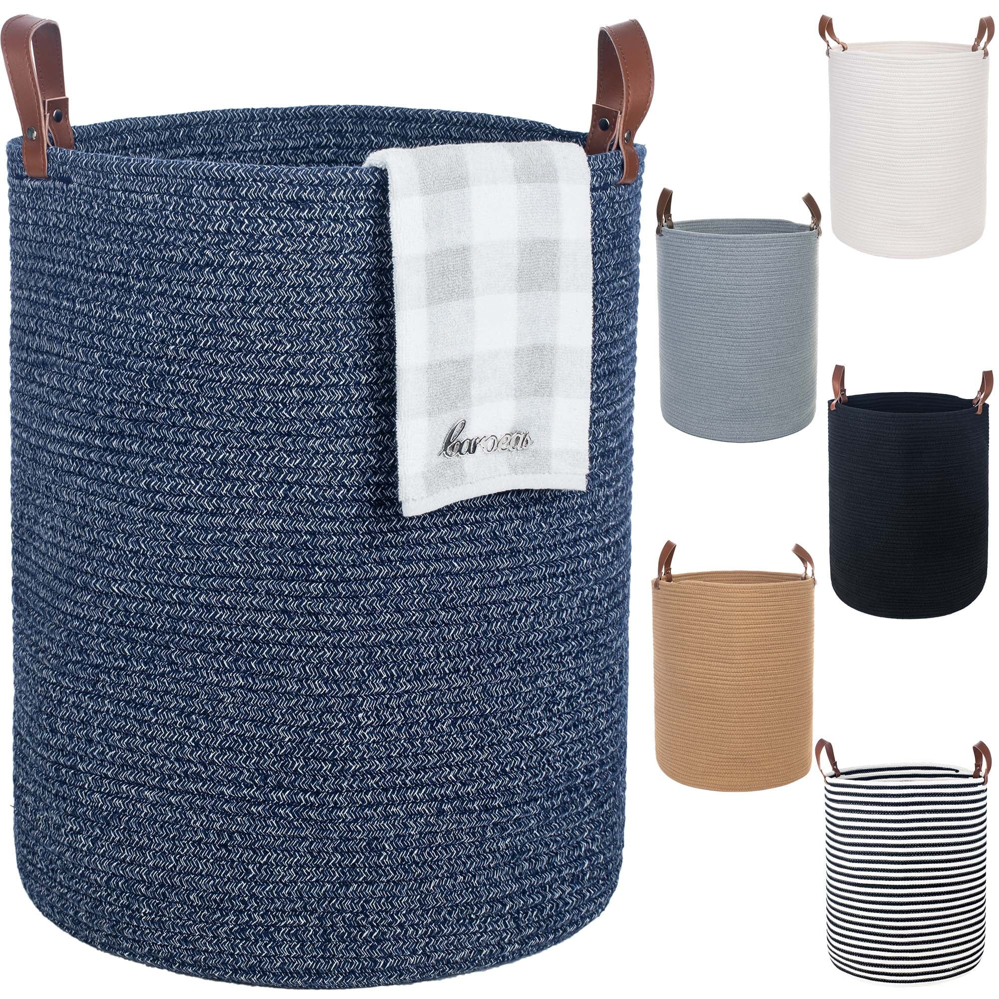 Caroeas XXXL Extra Large Rope Basket, 16''x20'' Woven Storage Basket with Leather Handles, Blanket Basket for Living Room, Tall Nursery Basket, Storage Organizer, Blue