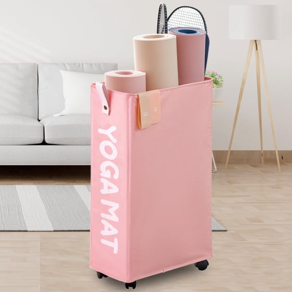 Caroeas Yoga Mat Storage Rack, 27’’ Large Yoga Mat Holder Accessories, Home Gym Equipment Storage Yoga Mats, Workout Equipment Organization with Wheels, Pink