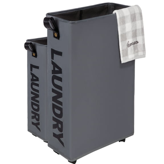 Caroeas x-Large Slim Laundry Baskets 27" Tall with Leather Handle, Laundry Basket on Wheels , Collapsible Laundry Hamper, Rolling Hamper Dorm Baskets Fabric