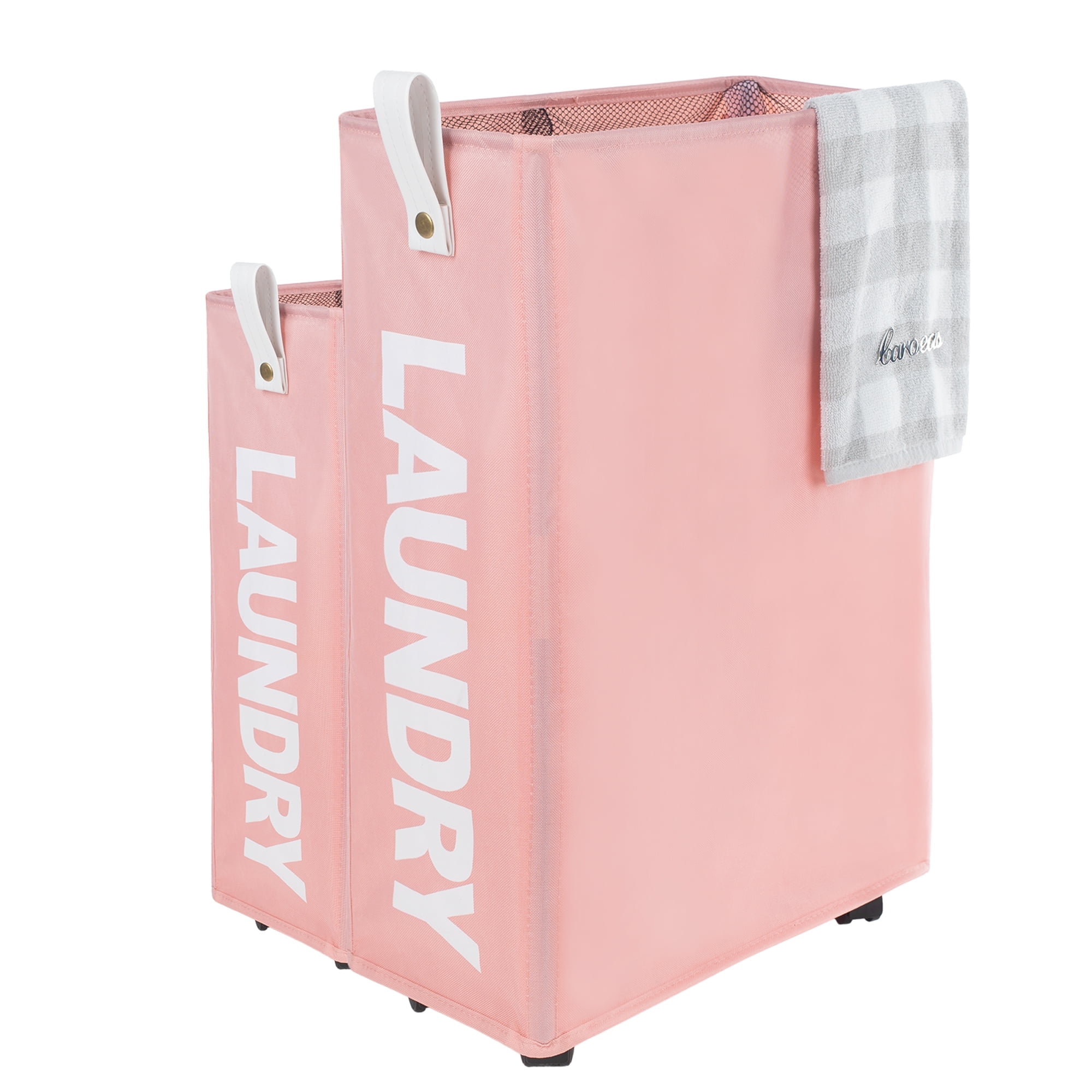 Caroeas x-Large Slim Laundry Baskets 27" Tall with Leather Handle, Laundry Basket on Wheels , Collapsible Laundry Hamper, Rolling Hamper Dorm Baskets (Pink)
