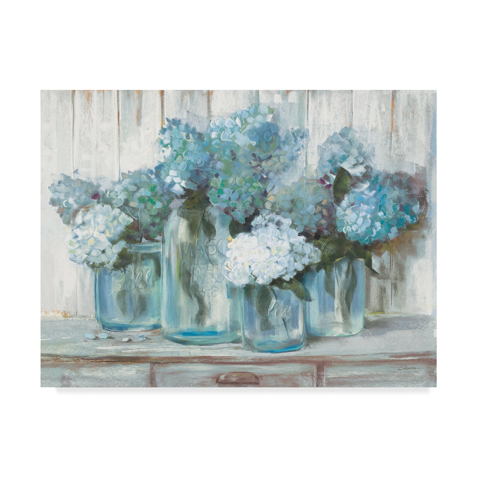 Hydrangeas in Glass Jars Blue Floral Canvas Print