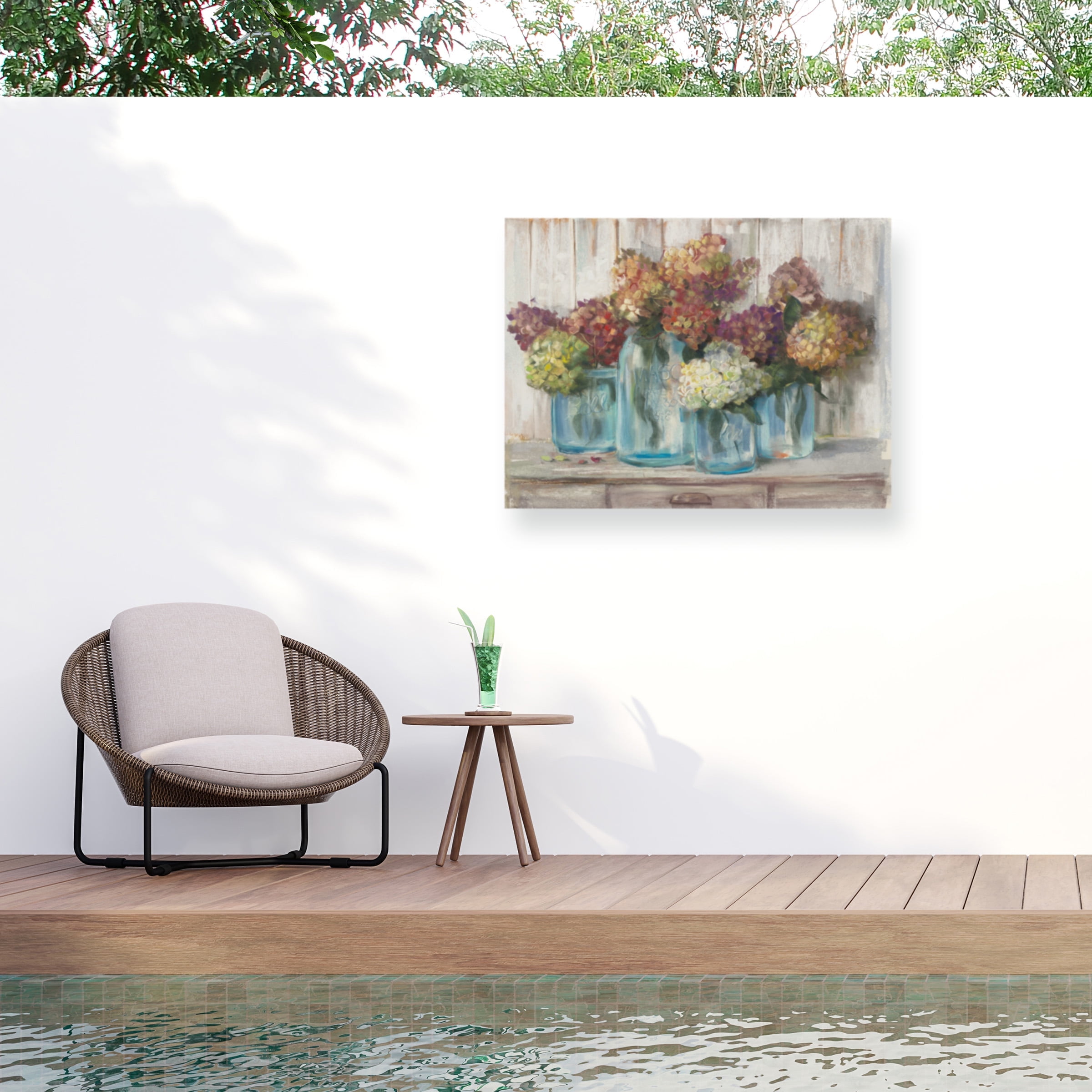 Carol Rowan 'Hydrangeas In Glass Jars White Wood' Outdoor Canvas 24x16