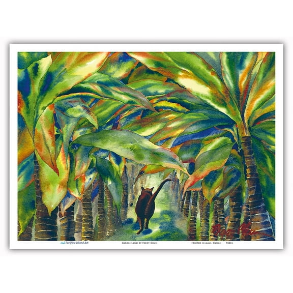 Carol’s Lanai - Hawaiian Black Cat (ʻeleʻele Popoki) in Palm Trees - From an Original Hawaii Watercolor Painting by Peggy Chun - Master Art Print (Unframed) 9in x 12in