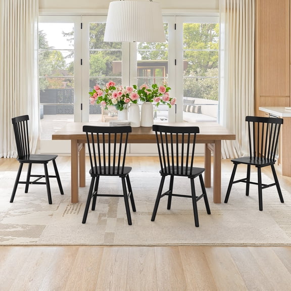 Carolayne 18'' Mid Century Modern Dining Chairs Set of 4, Windsor Upgraded Wooden Chairs For Kitchen and Dining Room, Black
