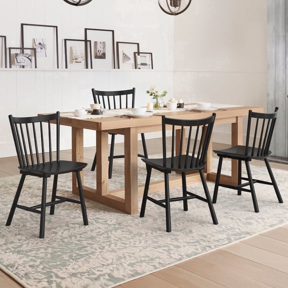 Carolayne 18" Solid Wood Windsor Dining Chairs Set of 4, Farmhouse Spindle Back Kitchen Chairs, Black