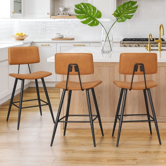 Carolayne 24.8" Counter Height Bar Stools Set of 3, Upholstered Barstools with Curved Back & Metal Legs, Whiskey Brown