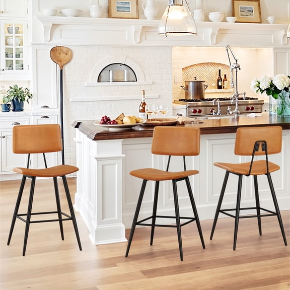 Carolayne 24.8" Counter Height Bar Stools Set of 3, Upholstered Barstools with Curved Back & Metal Legs, Whiskey Brown