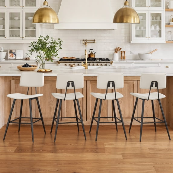 Carolayne 24.8" Counter Height Bar Stools Set of 4, Upholstered Barstools with Curved Back & Metal Legs, Antique White