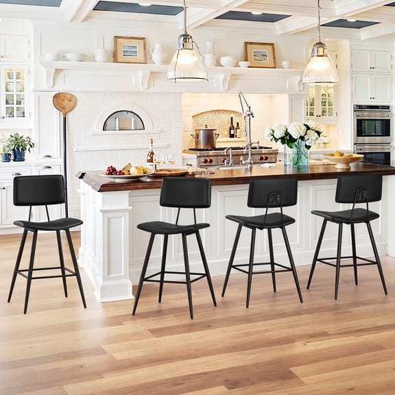 Carolayne 24.8" Counter Height Bar Stools Set of 4, Upholstered Barstools with Curved Back & Metal Legs, Black